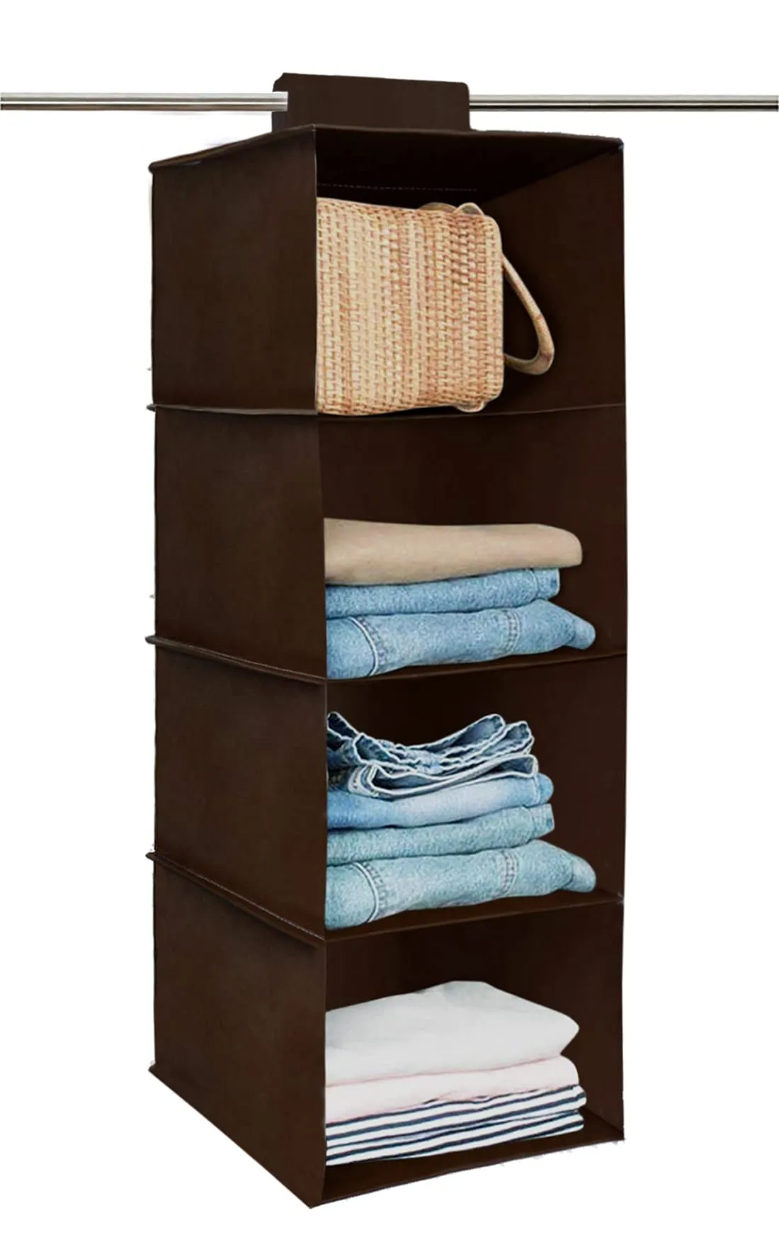 Kuber Industries Non Woven Hanging 4 Shelves Foldable Wardrobe Organizer- Pack of 2 (Brown)-HS40KUBMART23987