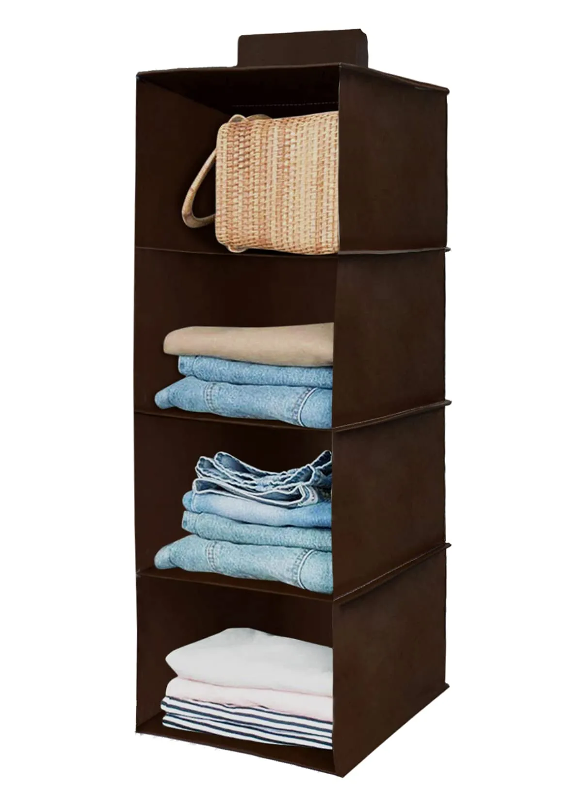Kuber Industries Non Woven Hanging 4 Shelves Foldable Wardrobe Organizer- Pack of 2 (Brown)-HS40KUBMART23987