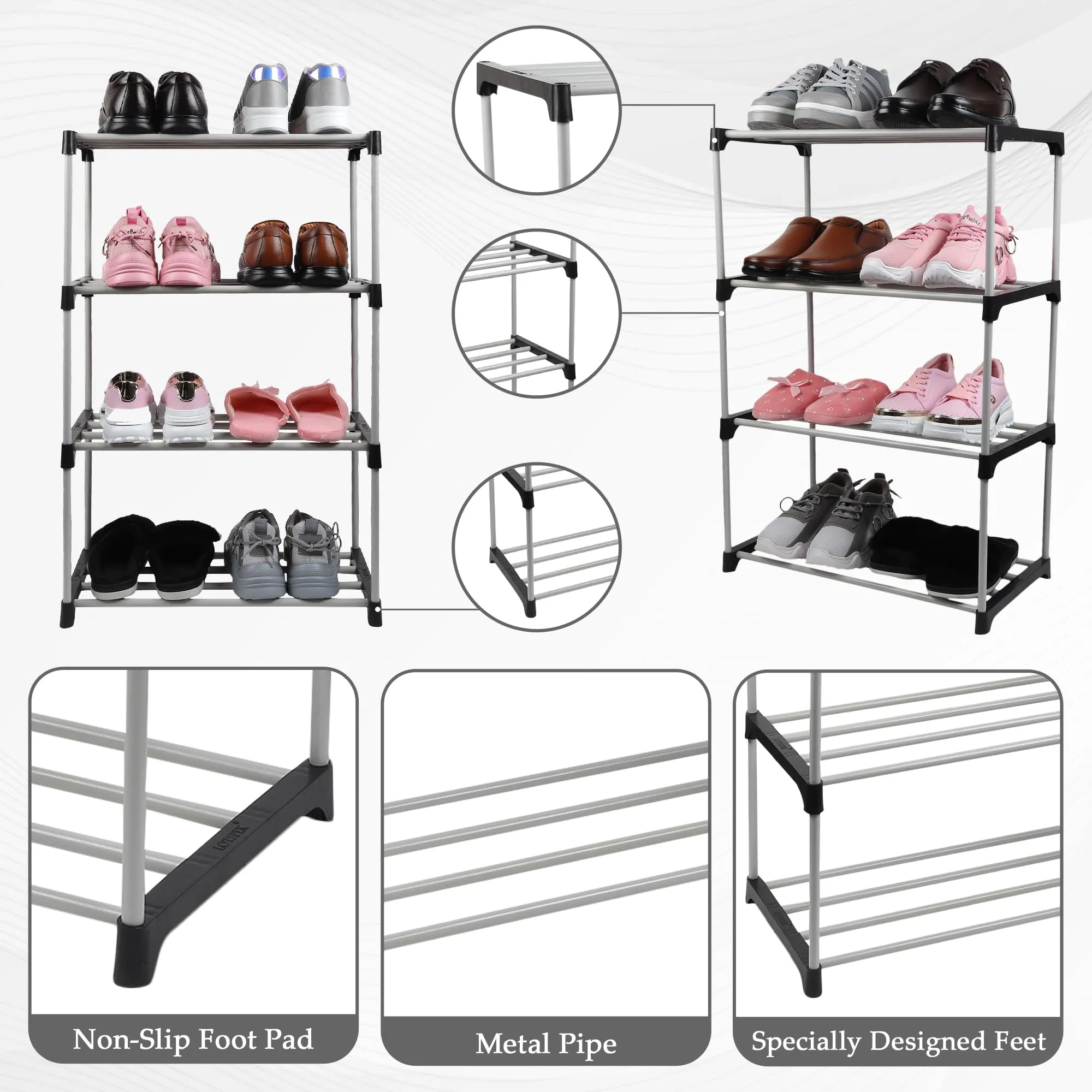 LOTSPEK Multipurpose Shoe Rack for Home | Foldable Slipper/Chappal/Footwear Stand 4 Shelves Plastic Shoe Stand | Collapsible Storage Metal Shoe Stand Easy to Assembled (4 Shelf, Black)
