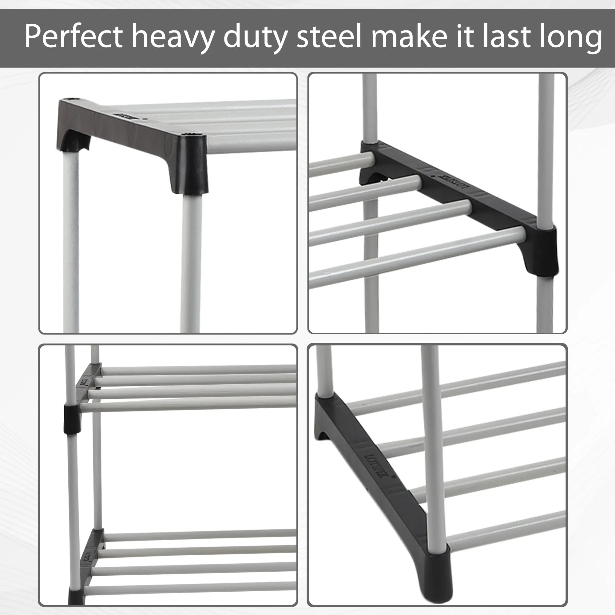 LOTSPEK Multipurpose Shoe Rack for Home | Foldable Slipper/Chappal/Footwear Stand 4 Shelves Plastic Shoe Stand | Collapsible Storage Metal Shoe Stand Easy to Assembled (4 Shelf, Black)