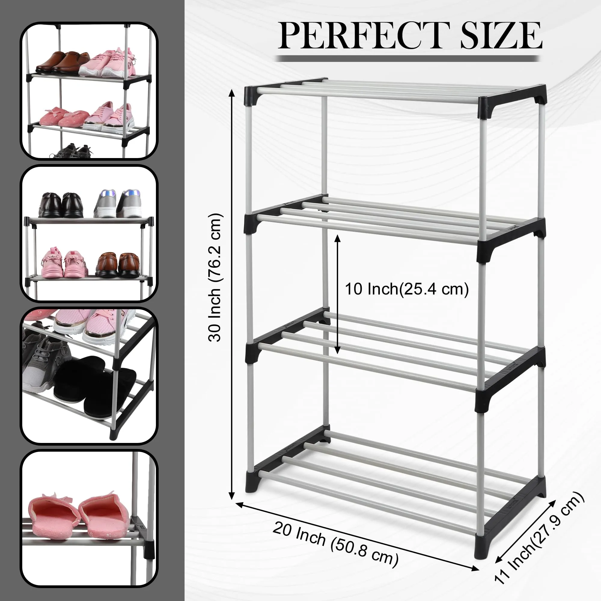 LOTSPEK Multipurpose Shoe Rack for Home | Foldable Slipper/Chappal/Footwear Stand 4 Shelves Plastic Shoe Stand | Collapsible Storage Metal Shoe Stand Easy to Assembled (4 Shelf, Black)
