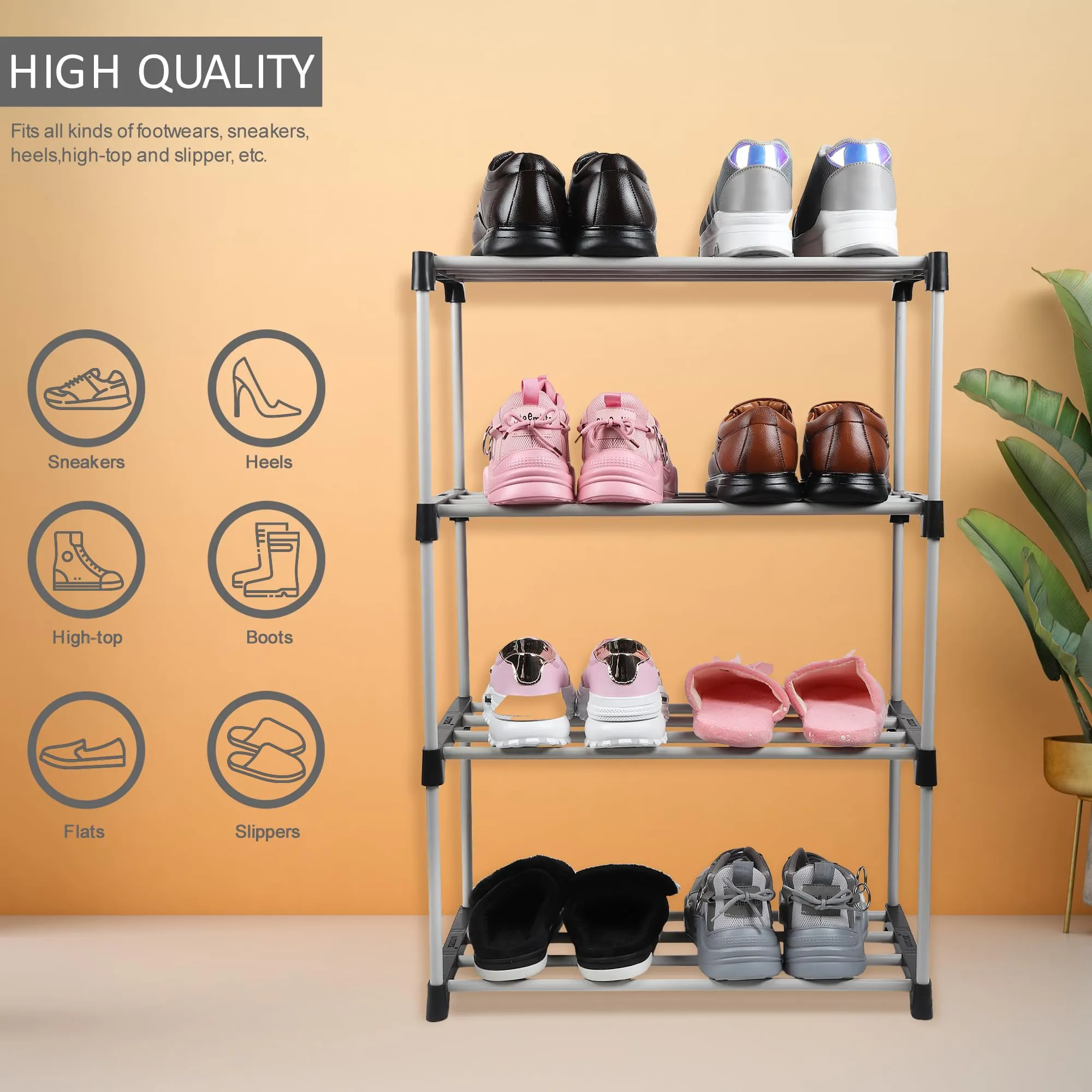 LOTSPEK Multipurpose Shoe Rack for Home | Foldable Slipper/Chappal/Footwear Stand 4 Shelves Plastic Shoe Stand | Collapsible Storage Metal Shoe Stand Easy to Assembled (4 Shelf, Black)