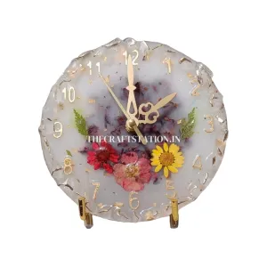 Raising Table Clock with Real Daisy Flowers & Golden Metal Stand - Durable & Heatproof Battery-Operated Decorative Clock (White)
