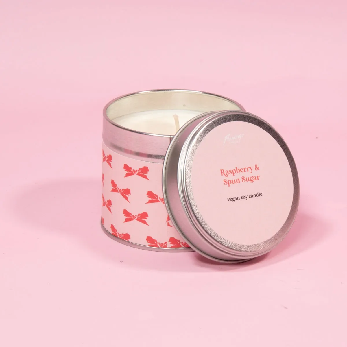 Raspberry & Spun Sugar Red & Pink Bow Tin Candle