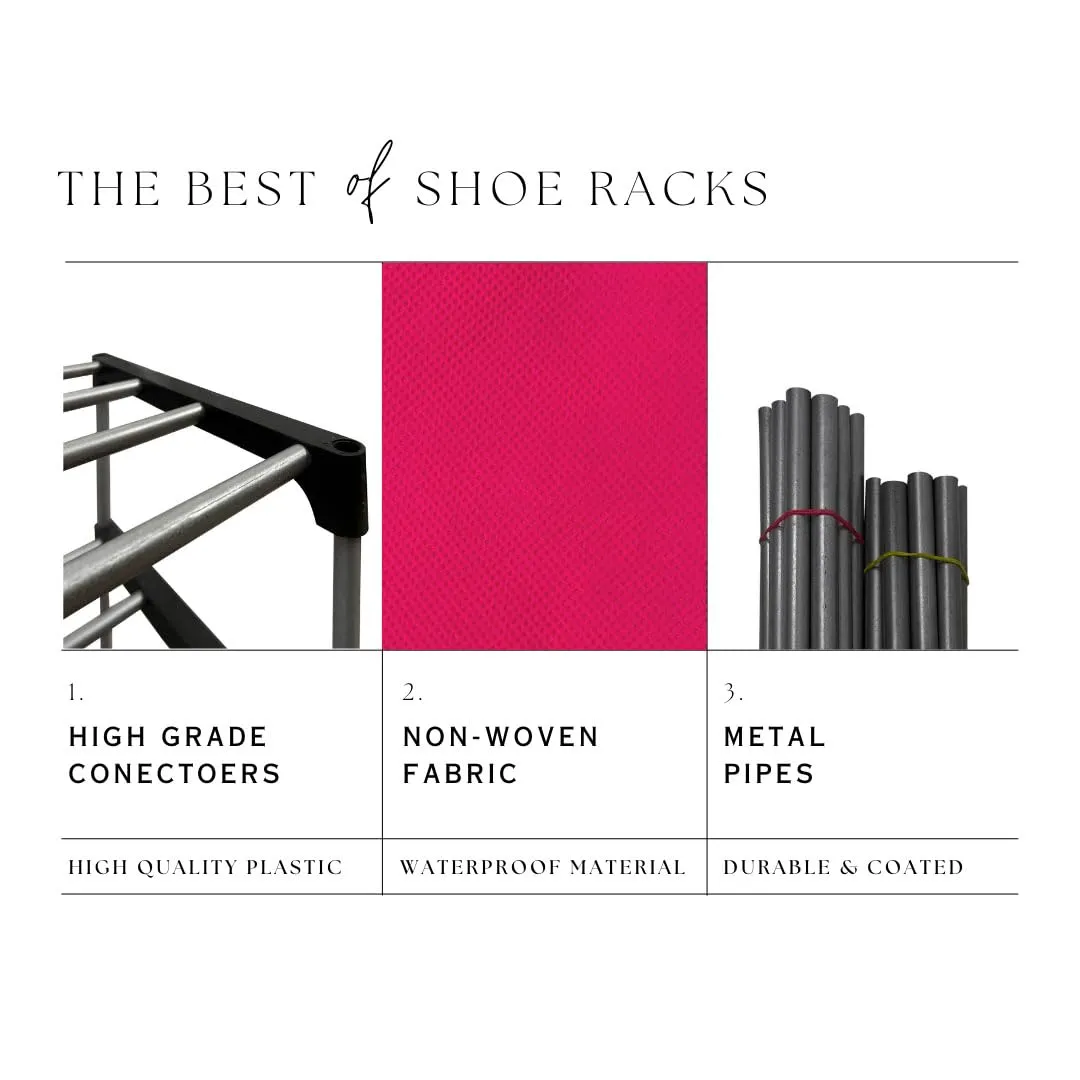 RAXON WORLD Multipurpose 4 Shelves Collapsible Metal Pipes with Non-Woven 100GSM Fabric Cover for Shoe/Cloth/Toy/Books (Pink)