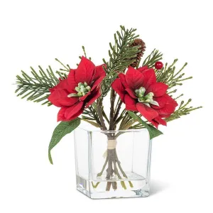 Red Poinsettia & Pine Bouquet in Square Vase
