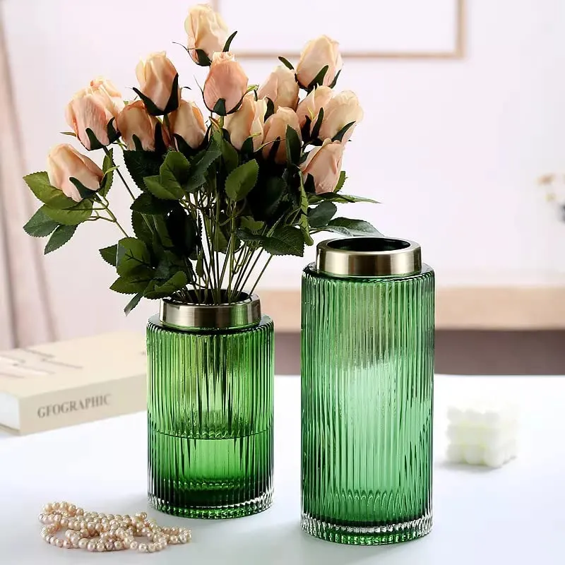 Samara Home: Green Cylindrical Glass Vase with Golden Rim for Home Decoration (Large) | Living Room Flower Centre Piece Decorations | Green Decorative Vases for Table Top