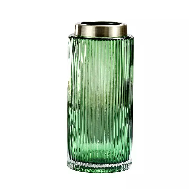 Samara Home: Green Cylindrical Glass Vase with Golden Rim for Home Decoration (Large) | Living Room Flower Centre Piece Decorations | Green Decorative Vases for Table Top
