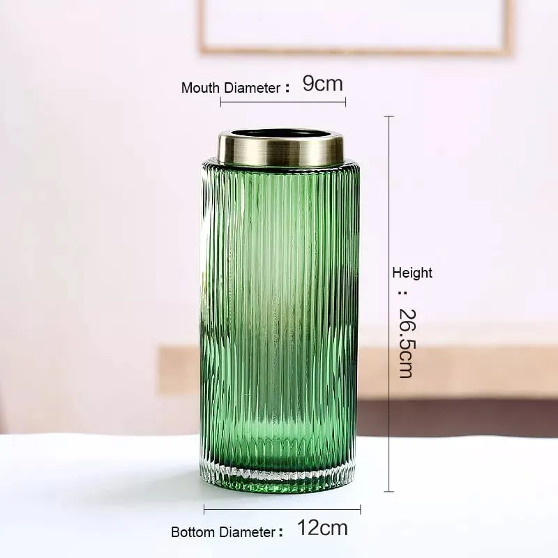 Samara Home: Green Cylindrical Glass Vase with Golden Rim for Home Decoration (Large) | Living Room Flower Centre Piece Decorations | Green Decorative Vases for Table Top