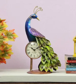 Sandhya Craft Iron Peacock Table Clock | Table Arts for Home Decoration, Living Room, Bedroom, Hotel, Restaurant, Office, Table Décor | Color: Multicolor | Dimension: (15x6x8 INCH)