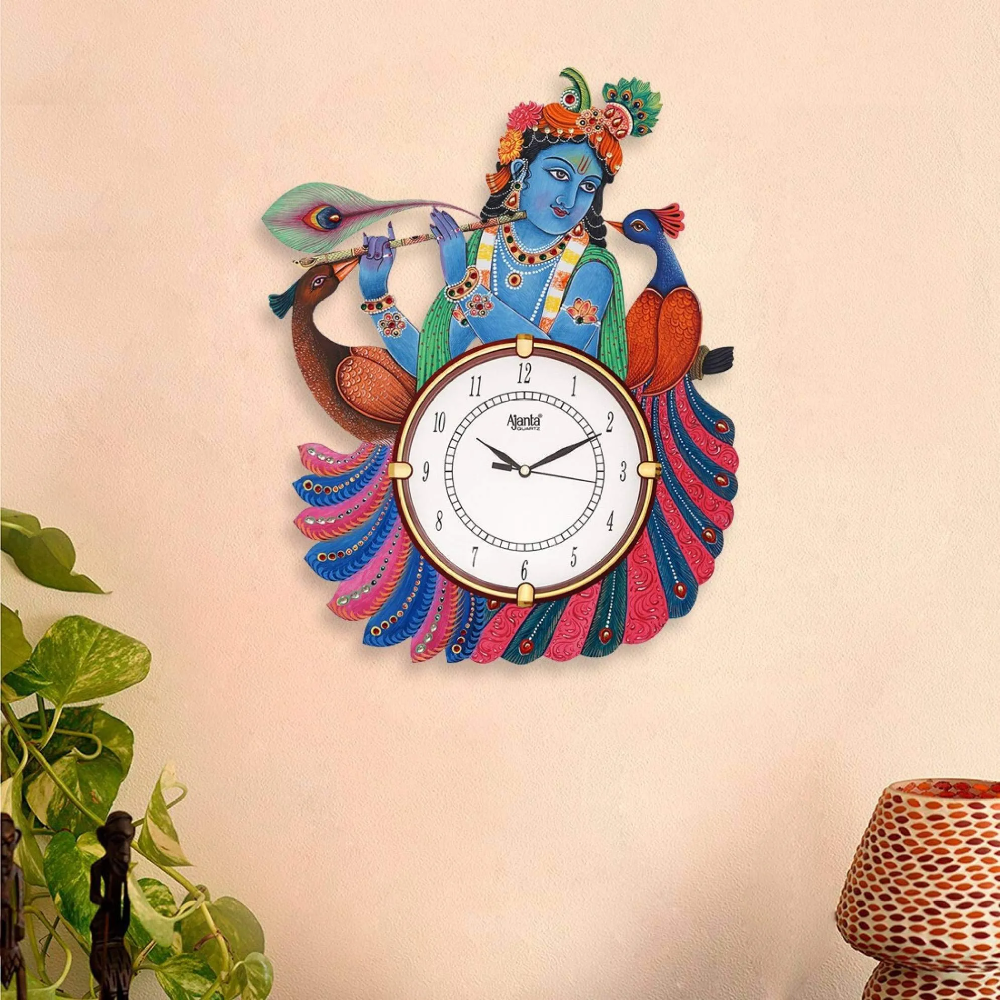 Shashank Wooden Handpainted Ajanta Peacock Wall Clock (Multicolor) - Analog, 13 Inch, 13 Mm