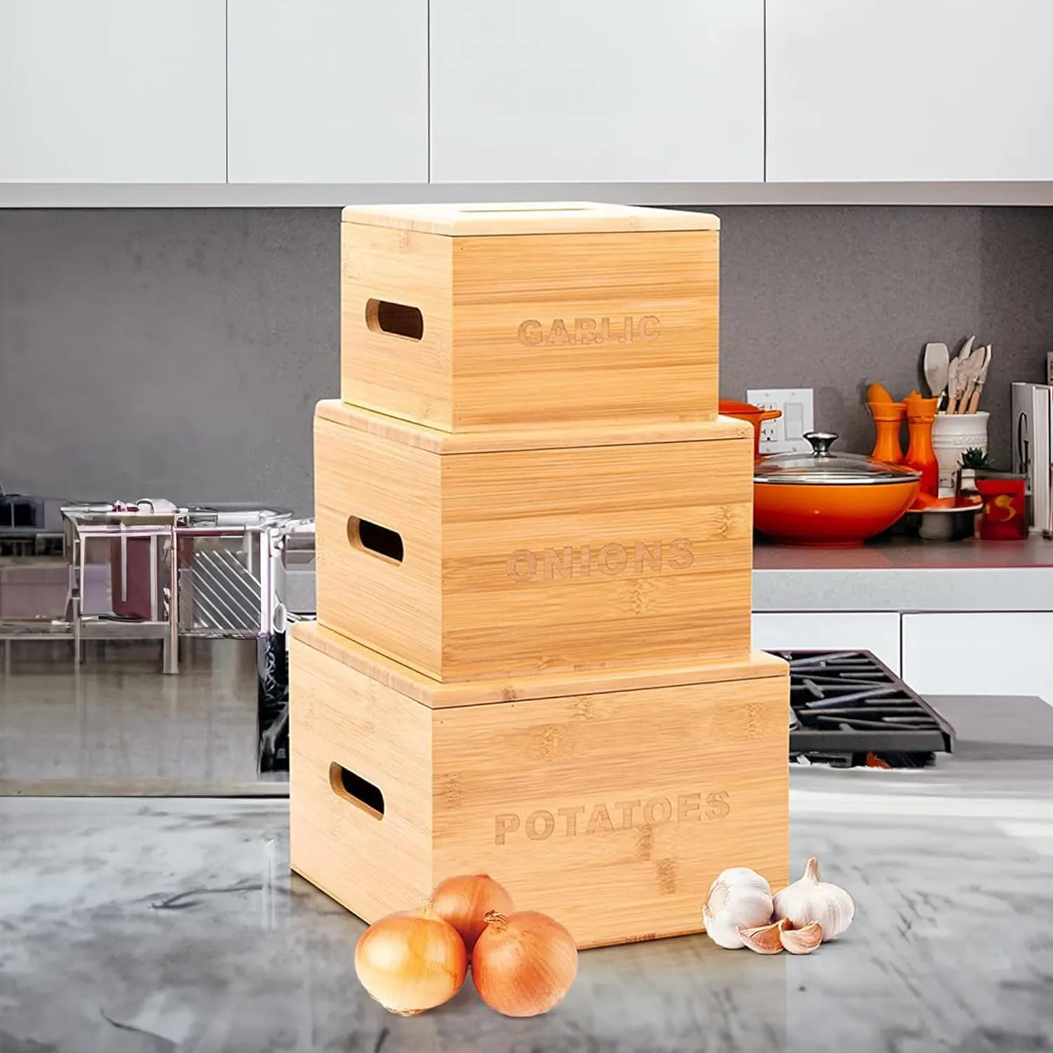 The Better Home Kitchen Storage Containers Set (3Pcs) | Bamboo Onion Potato Basket with Lid | Pantry Organisers & Storage (Store - 9 Bulbs of garlic, 1.25kg of onion & 4.5kg of potato) | Beige