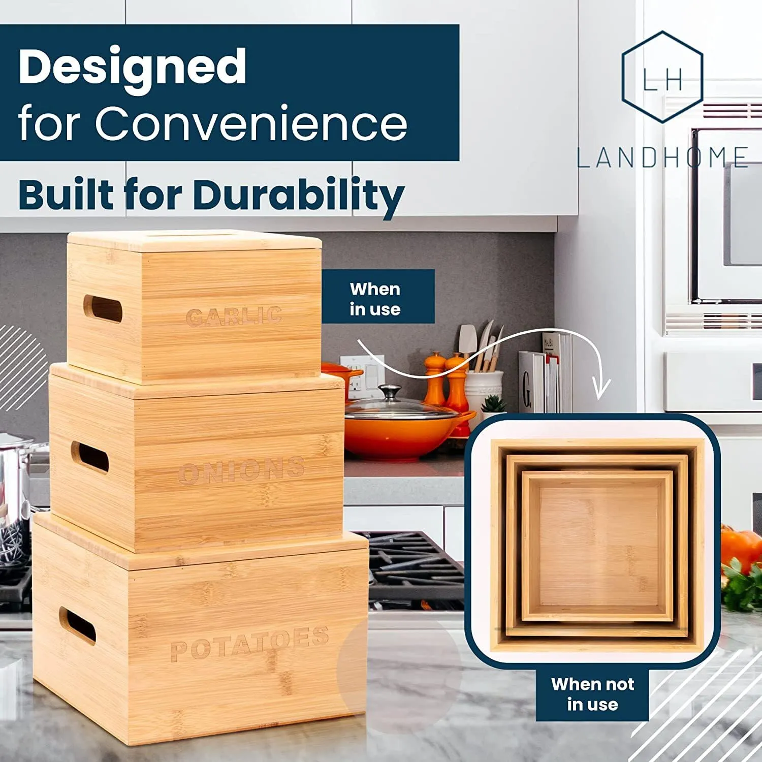 The Better Home Kitchen Storage Containers Set (3Pcs) | Bamboo Onion Potato Basket with Lid | Pantry Organisers & Storage (Store - 9 Bulbs of garlic, 1.25kg of onion & 4.5kg of potato) | Beige