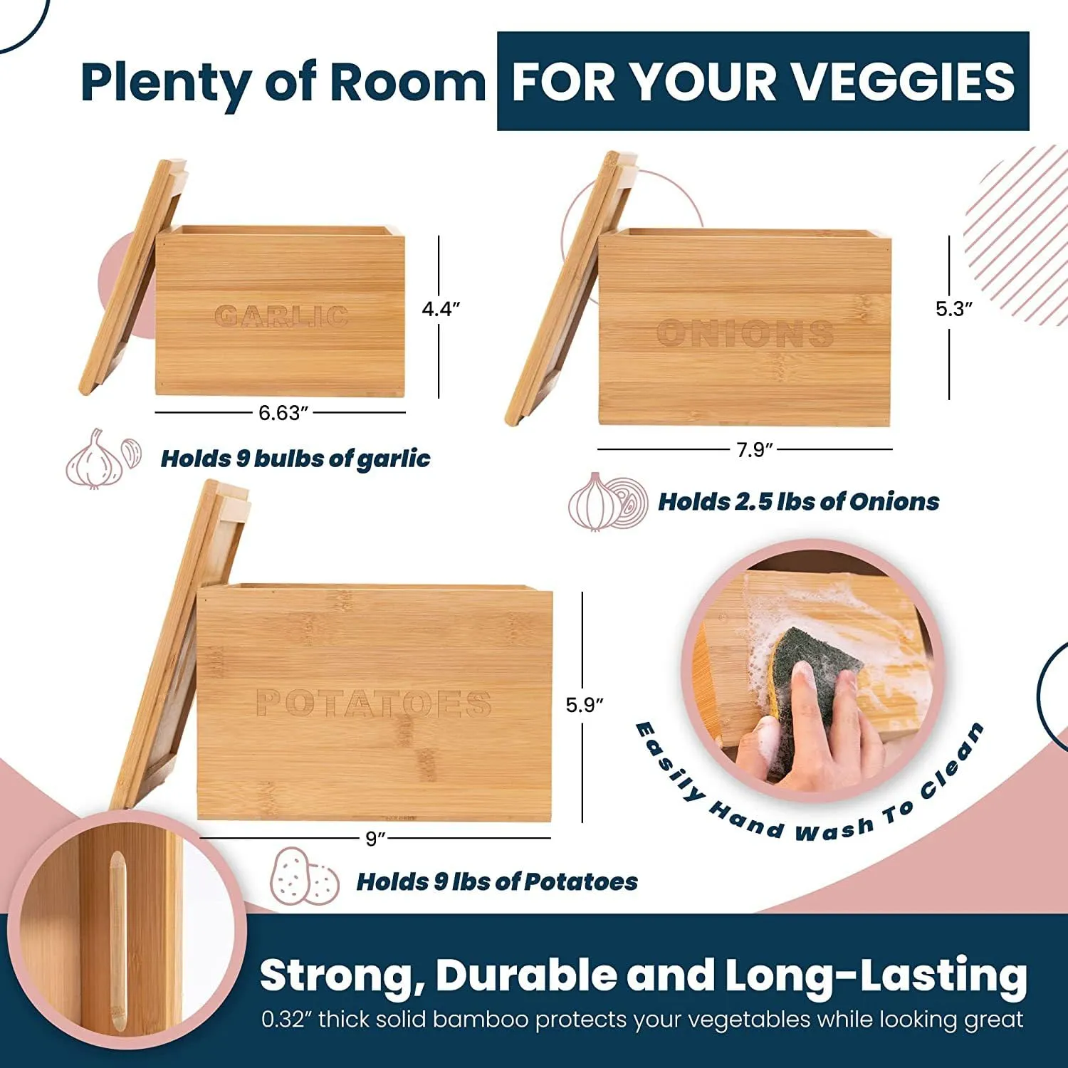 The Better Home Kitchen Storage Containers Set (3Pcs) | Bamboo Onion Potato Basket with Lid | Pantry Organisers & Storage (Store - 9 Bulbs of garlic, 1.25kg of onion & 4.5kg of potato) | Beige