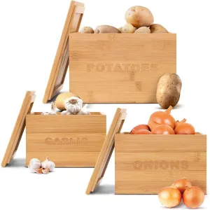 The Better Home Kitchen Storage Containers Set (3Pcs) | Bamboo Onion Potato Basket with Lid | Pantry Organisers & Storage (Store - 9 Bulbs of garlic, 1.25kg of onion & 4.5kg of potato) | Beige