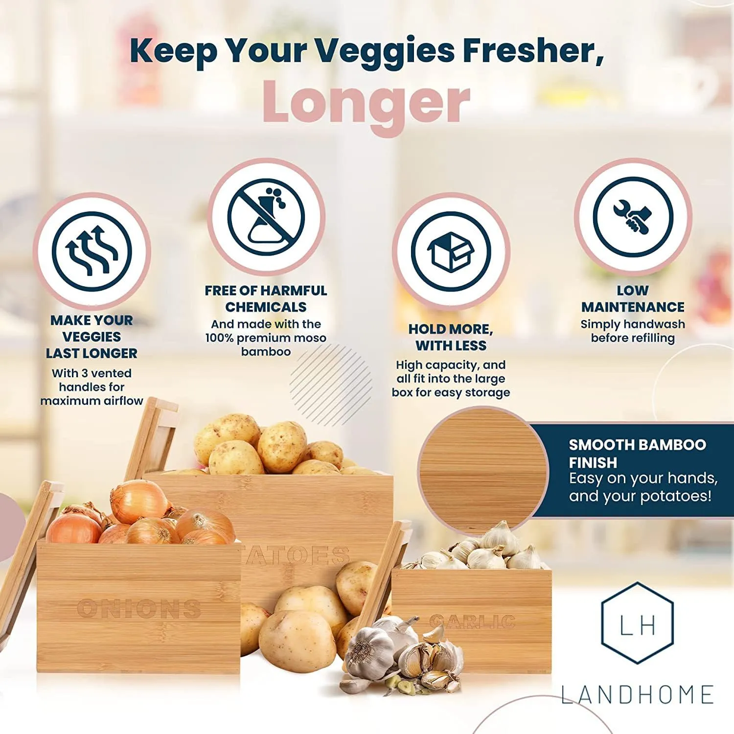 The Better Home Kitchen Storage Containers Set (3Pcs) | Bamboo Onion Potato Basket with Lid | Pantry Organisers & Storage (Store - 9 Bulbs of garlic, 1.25kg of onion & 4.5kg of potato) | Beige