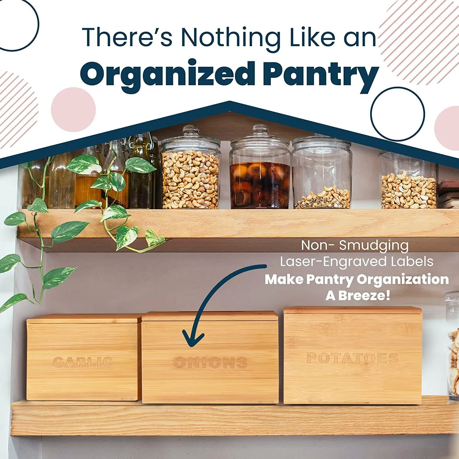 The Better Home Kitchen Storage Containers Set (3Pcs) | Bamboo Onion Potato Basket with Lid | Pantry Organisers & Storage (Store - 9 Bulbs of garlic, 1.25kg of onion & 4.5kg of potato) | Beige
