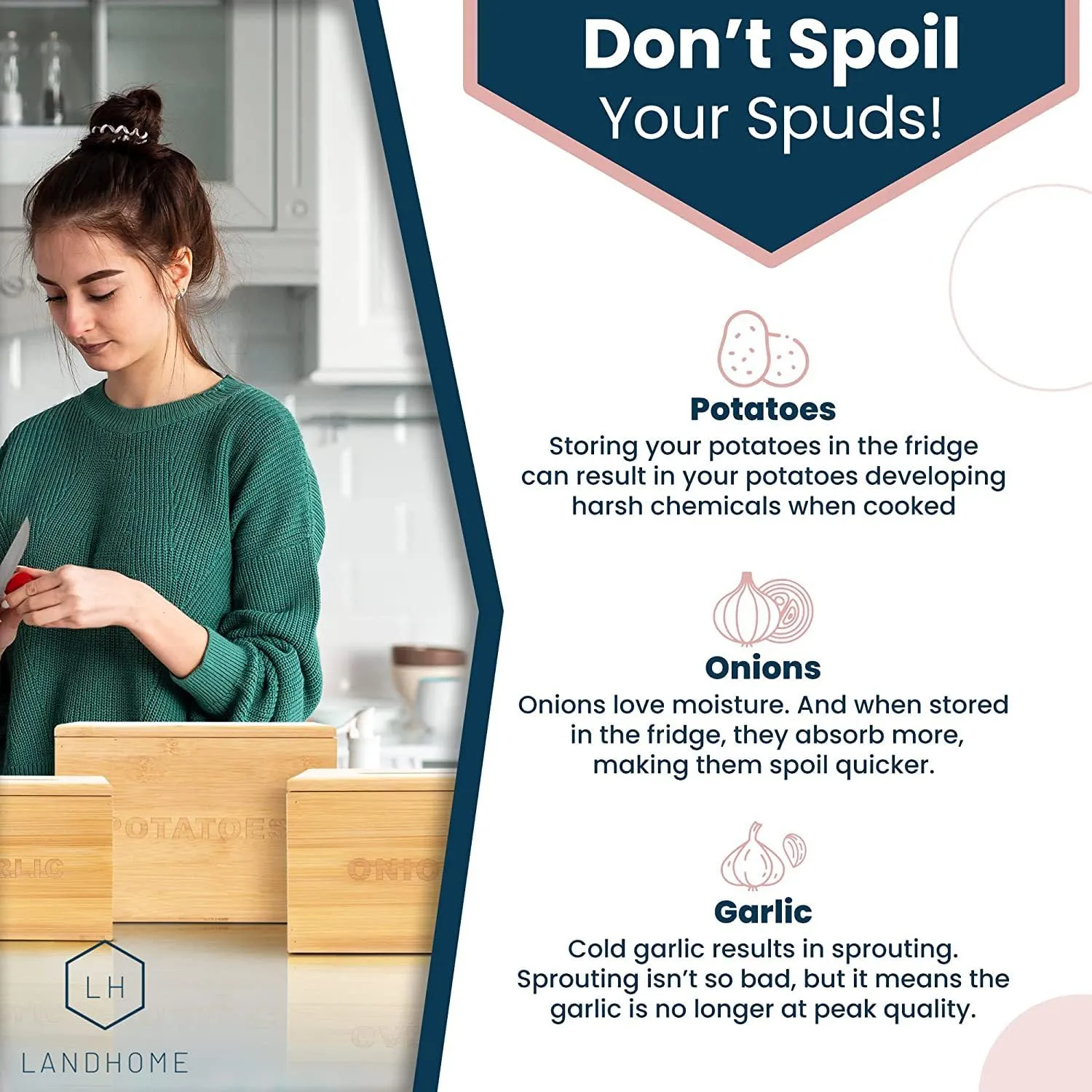 The Better Home Kitchen Storage Containers Set (3Pcs) | Bamboo Onion Potato Basket with Lid | Pantry Organisers & Storage (Store - 9 Bulbs of garlic, 1.25kg of onion & 4.5kg of potato) | Beige