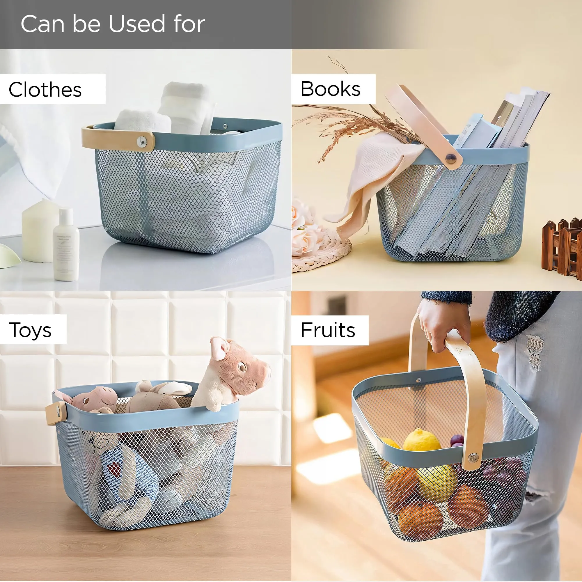 UMAI Mesh Metal Basket for Storage (23 * 23 * 16cm) Fruit Basket | Storage Baskets with Wooden Handle | Picnic Basket | Home Organizer Items and Storage | Home Storage Organizer (Blue)