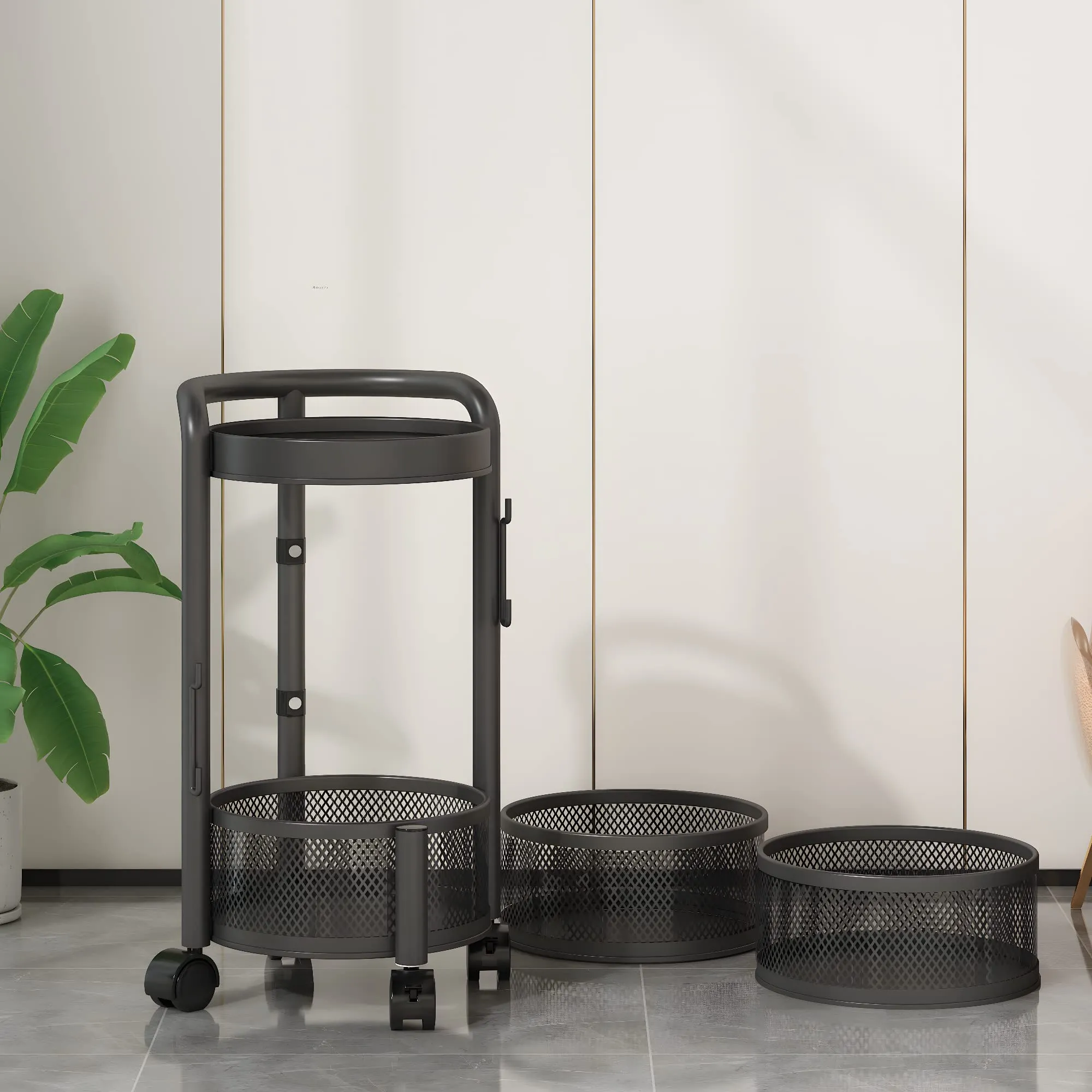 UMAI Mesh Metal Kitchen Rack for Storage with Rotating Baskets | Trolley Storage Rack | Vegetable Basket for Kitchen | Space-Saver, Multipurpose Rack, Breathable Baskets (Circular)