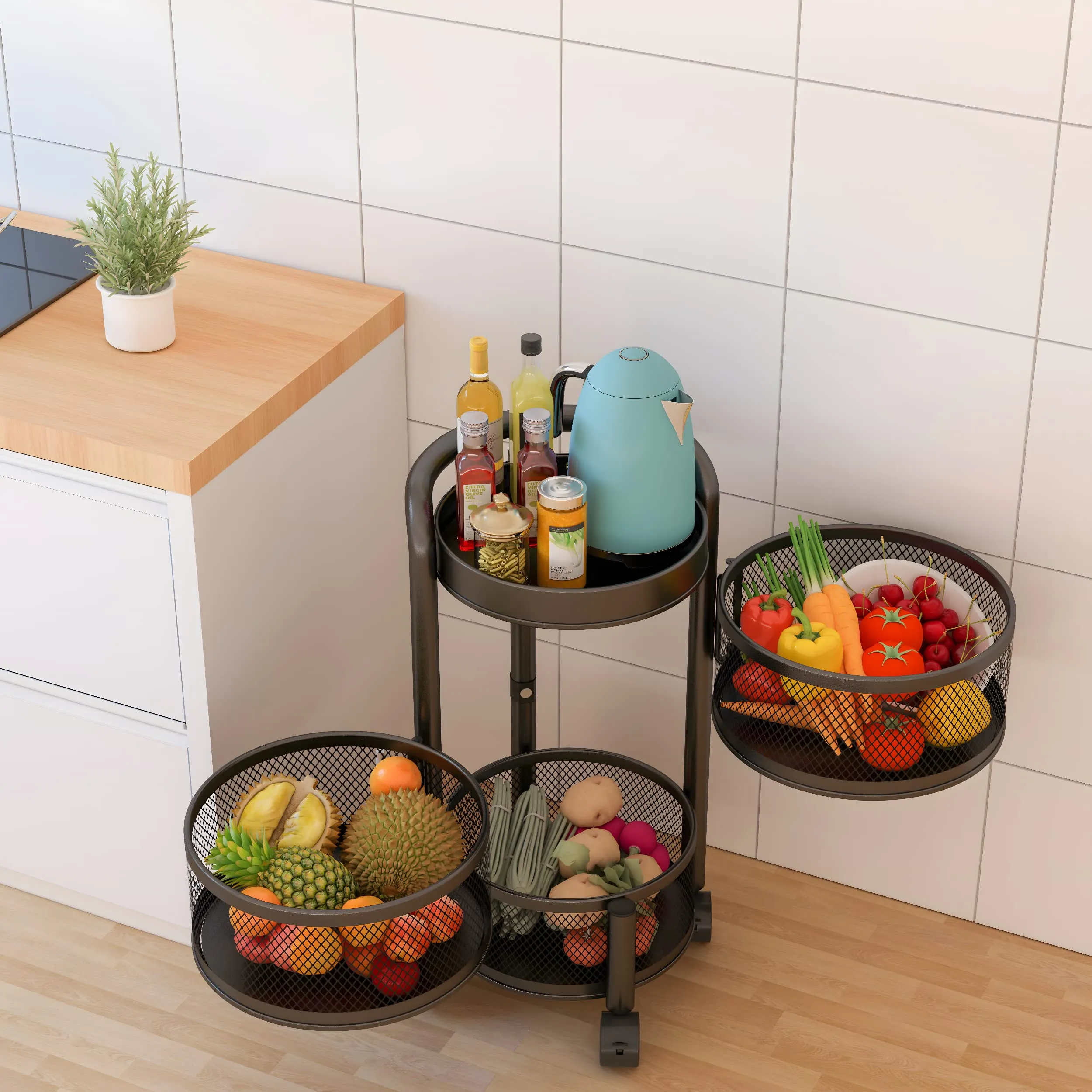 UMAI Mesh Metal Kitchen Rack for Storage with Rotating Baskets | Trolley Storage Rack | Vegetable Basket for Kitchen | Space-Saver, Multipurpose Rack, Breathable Baskets (Circular)