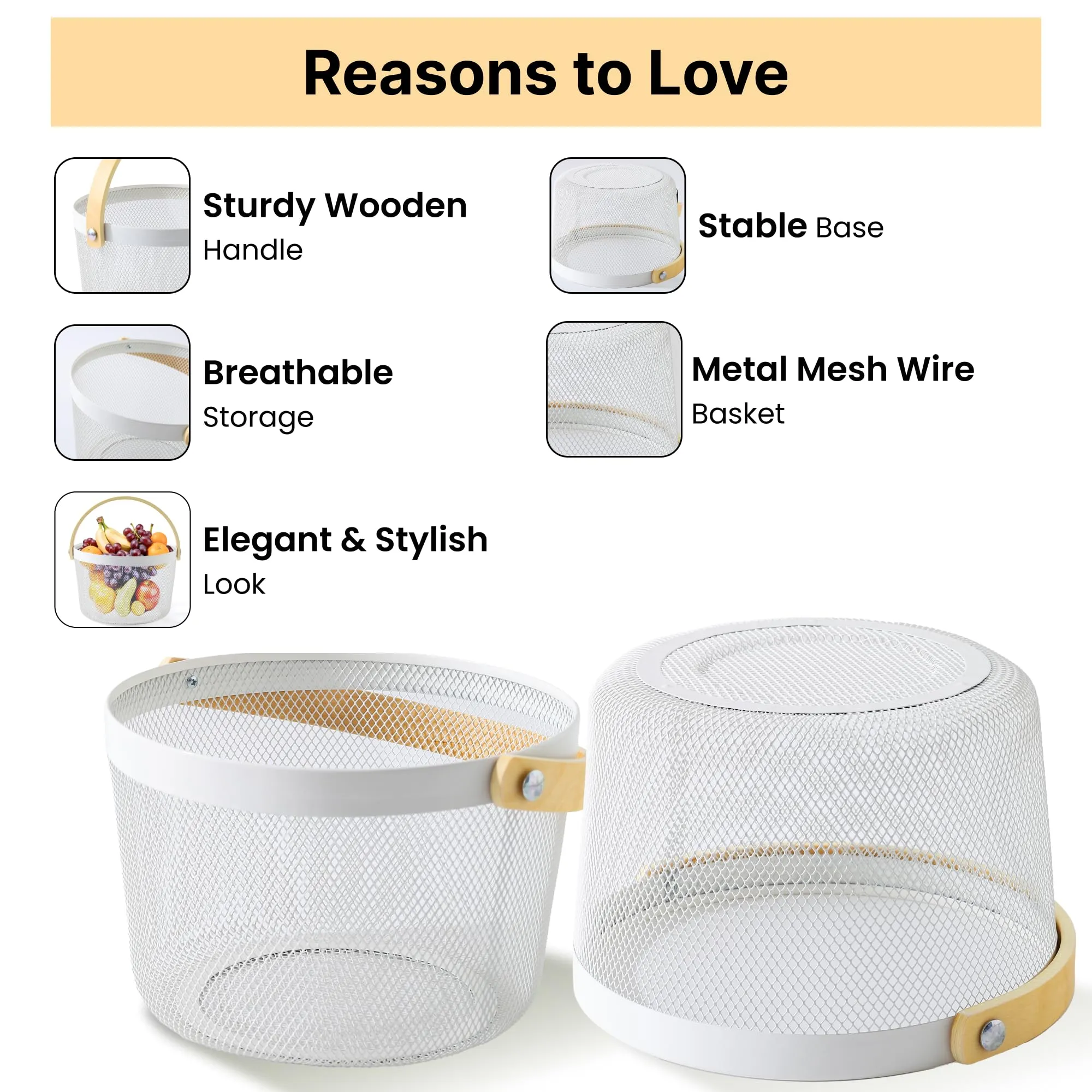 UMAI Metal Mesh Baskets for Storage with wooden handle | 400g | Fruit basket & Vegetable basket for kitchen | Kitchen Organizer | Baskets for organizing home | White | Pack of 2 | Multipurpose