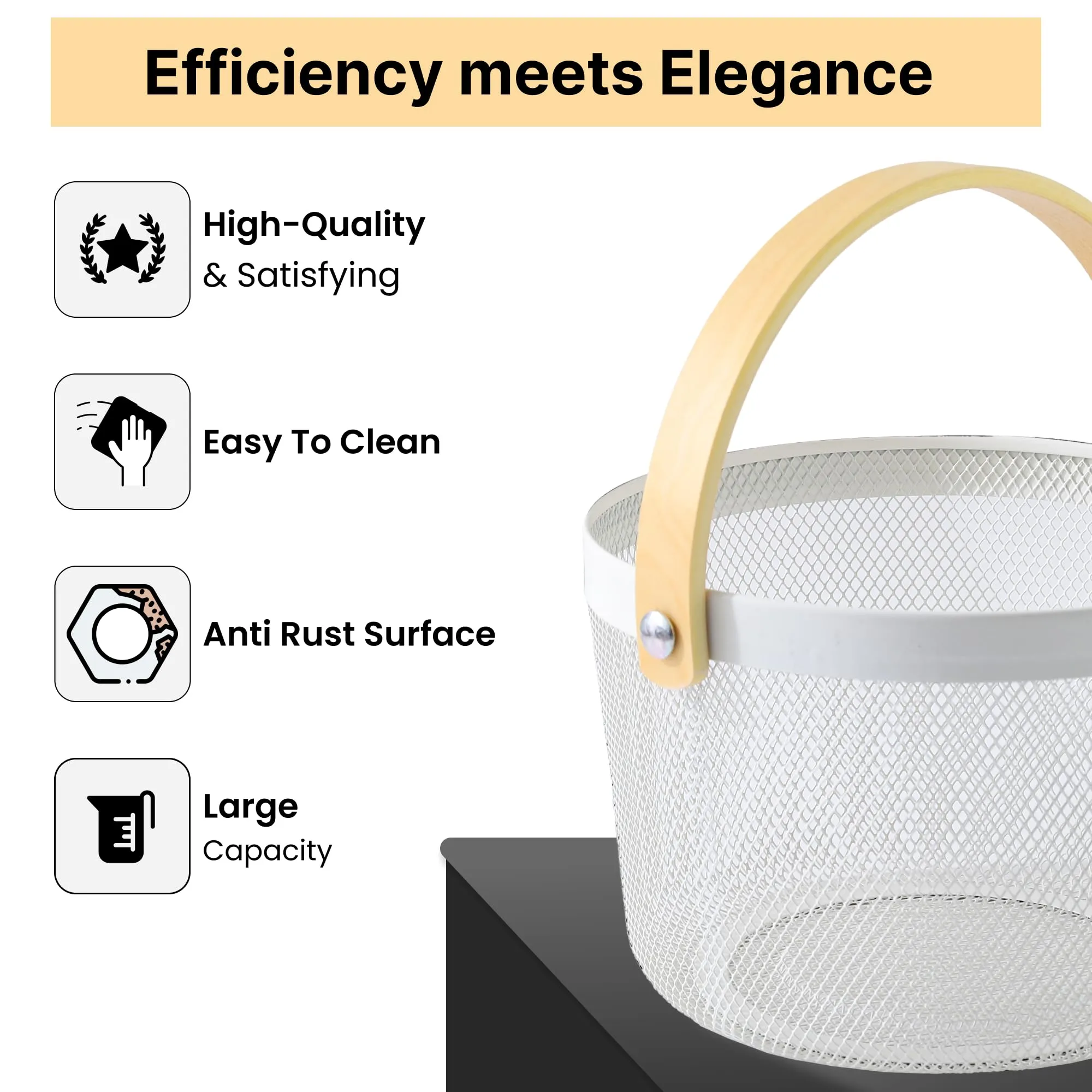 UMAI Metal Mesh Baskets for Storage with wooden handle | 400g | Fruit basket & Vegetable basket for kitchen | Kitchen Organizer | Baskets for organizing home | White | Pack of 2 | Multipurpose
