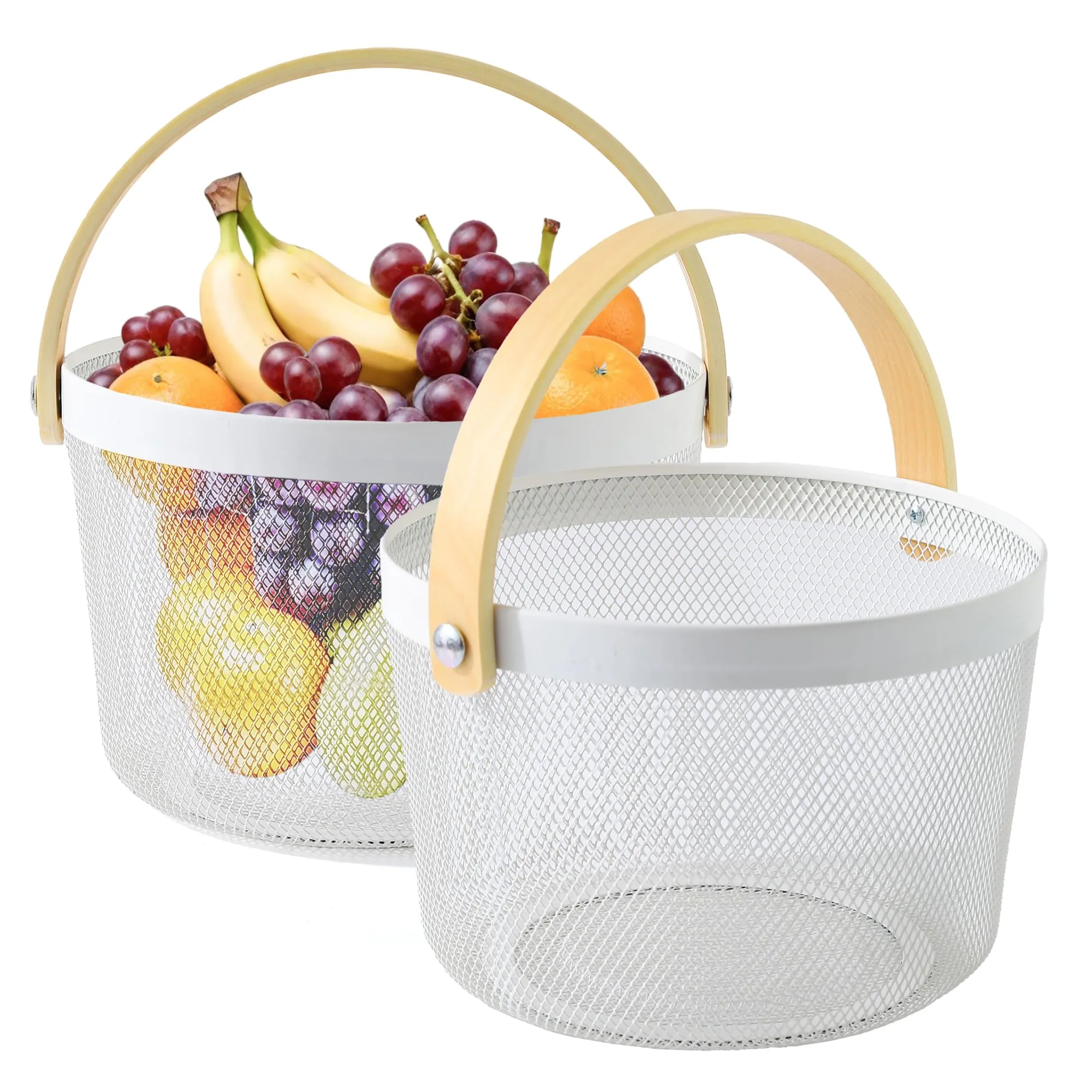 UMAI Metal Mesh Baskets for Storage with wooden handle | 400g | Fruit basket & Vegetable basket for kitchen | Kitchen Organizer | Baskets for organizing home | White | Pack of 2 | Multipurpose