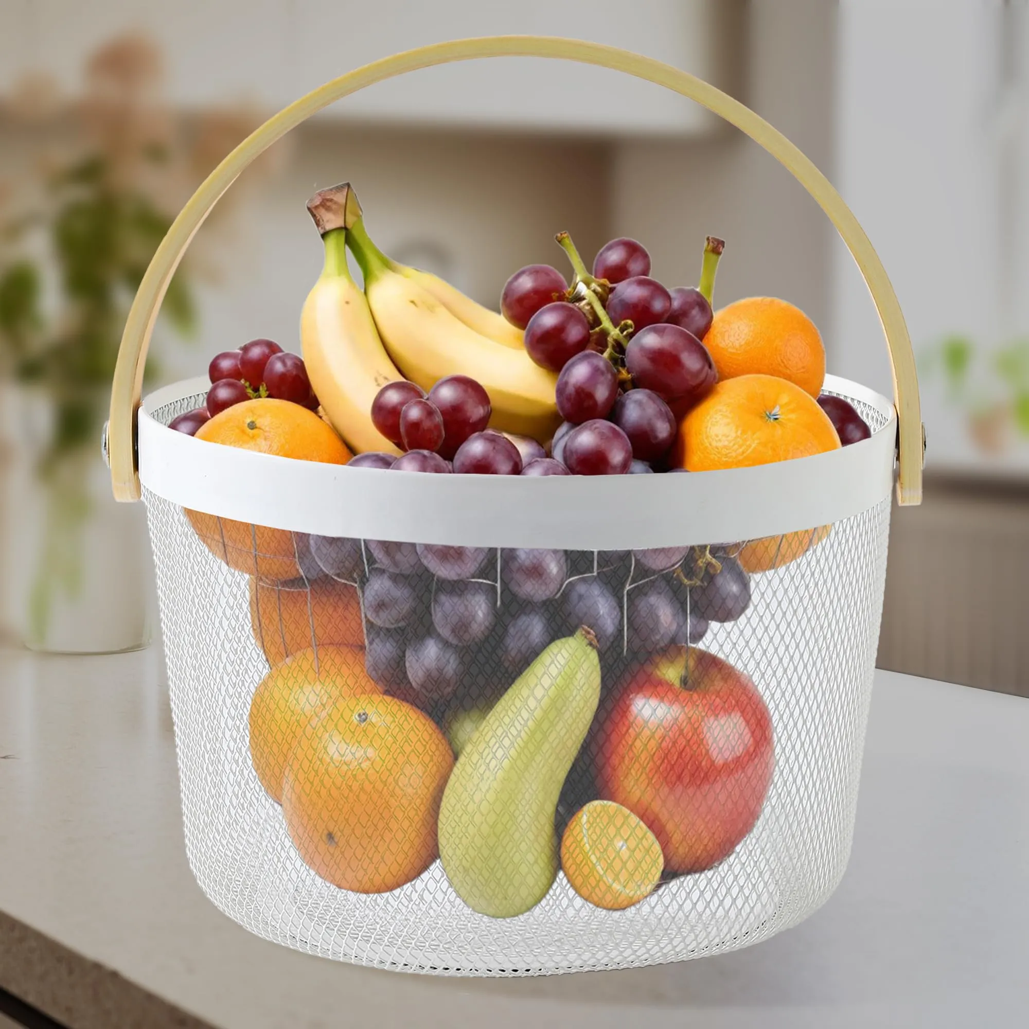 UMAI Metal Mesh Baskets for Storage with wooden handle | 400g | Fruit basket & Vegetable basket for kitchen | Kitchen Organizer | Baskets for organizing home | White | Pack of 2 | Multipurpose