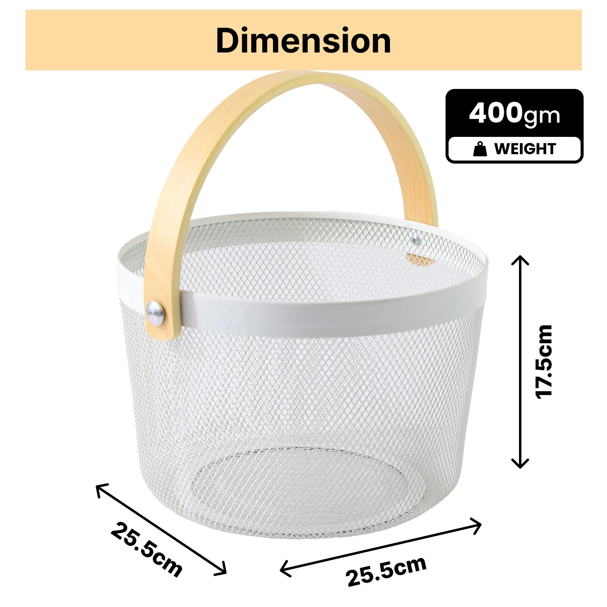 UMAI Metal Mesh Baskets for Storage with wooden handle | 400g | Fruit basket & Vegetable basket for kitchen | Kitchen Organizer | Baskets for organizing home | White | Pack of 2 | Multipurpose