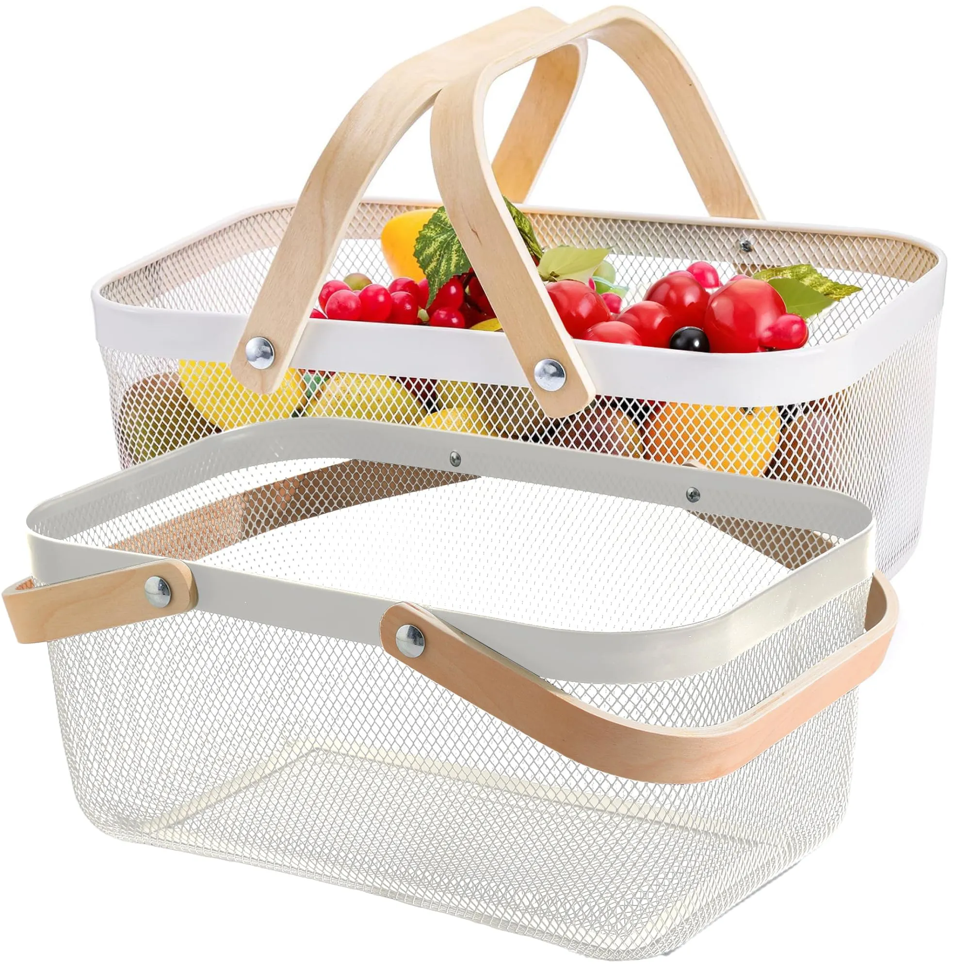 UMAI Metal Mesh Baskets for Storage with wooden handle | 720 Gm | Fruit basket & Vegetable basket for Kitchen | Kitchen Organizer | Baskets for Organizing Home | Pack of 2 | Multipurpose | White