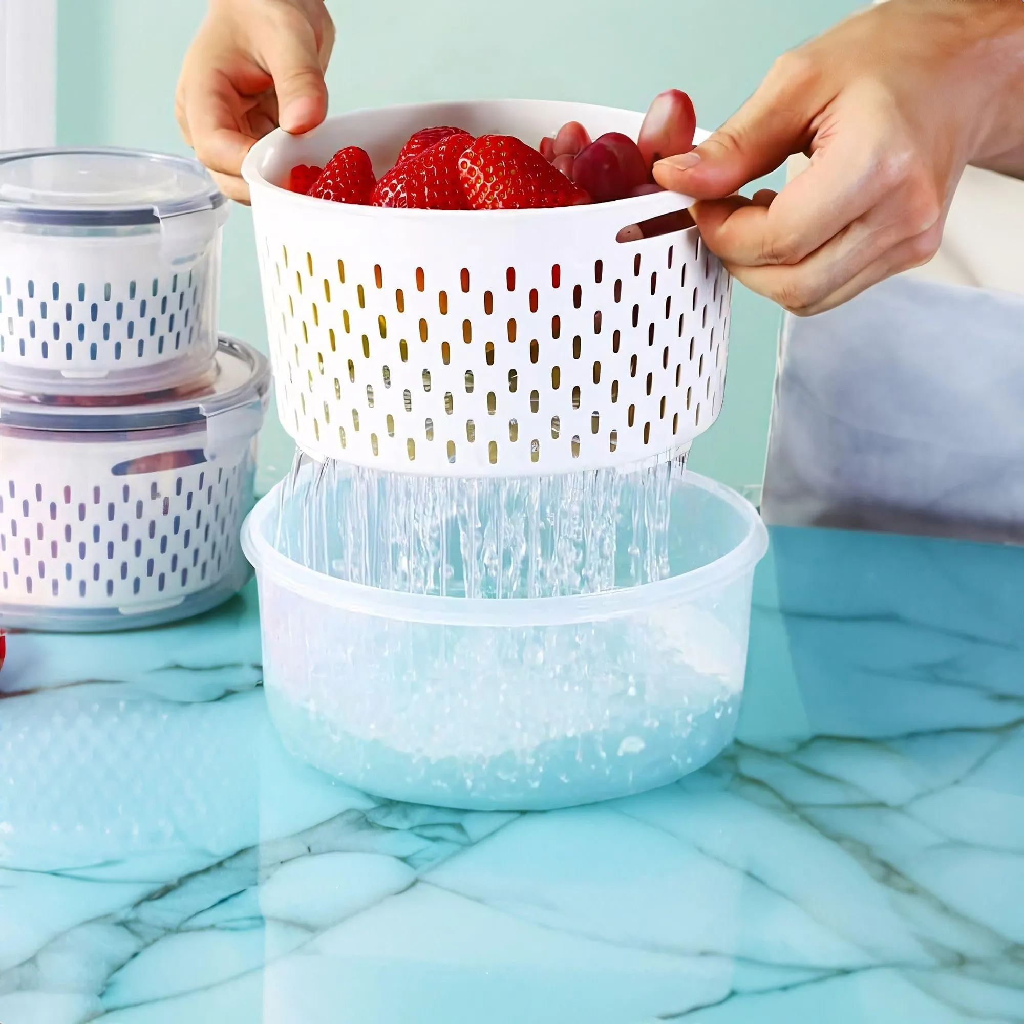 Urbane Home ( Pack of 5 Food Containers | Round Storage Box for Fridge | Vegetable Fruit Strainer Basket | Refrigerator Storage Box | Containers With Airtight Lid | HXP00288 | Transparent