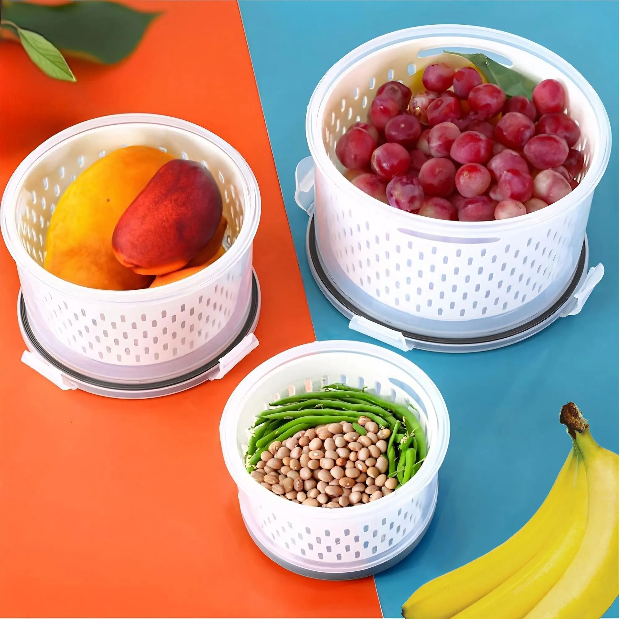 Urbane Home ( Pack of 5 Food Containers | Round Storage Box for Fridge | Vegetable Fruit Strainer Basket | Refrigerator Storage Box | Containers With Airtight Lid | HXP00288 | Transparent
