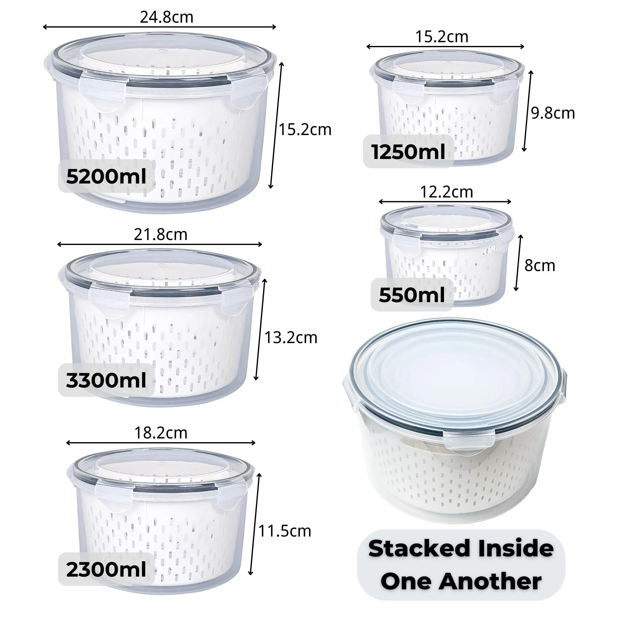 Urbane Home ( Pack of 5 Food Containers | Round Storage Box for Fridge | Vegetable Fruit Strainer Basket | Refrigerator Storage Box | Containers With Airtight Lid | HXP00288 | Transparent