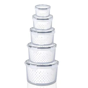 Urbane Home ( Pack of 5 Food Containers | Round Storage Box for Fridge | Vegetable Fruit Strainer Basket | Refrigerator Storage Box | Containers With Airtight Lid | HXP00288 | Transparent