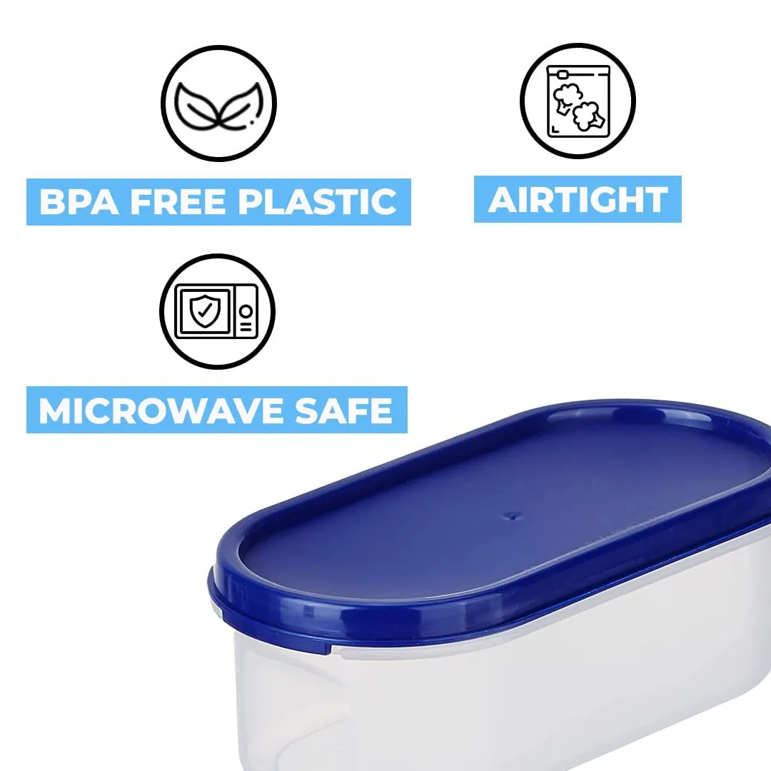 Urbane Home Plastic Storage Containers With Lid I Set of 4, 500 ml | Airtight, Stackable, Spill-proof, Travel-friendly | Transparent with Blue Lid | For Dry & Wet Food Pickle, Spices, Dryfruits