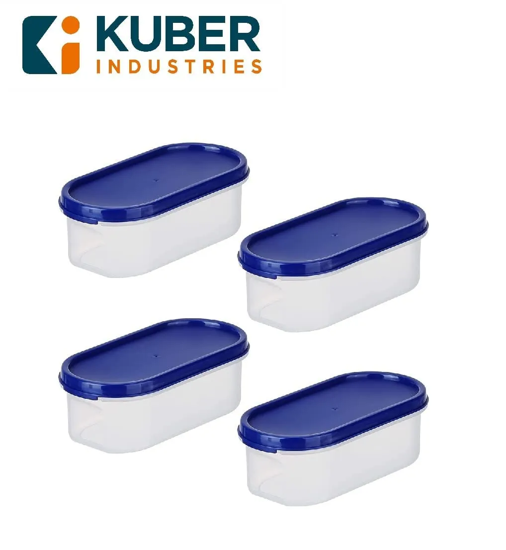 Urbane Home Plastic Storage Containers With Lid I Set of 4, 500 ml | Airtight, Stackable, Spill-proof, Travel-friendly | Transparent with Blue Lid | For Dry & Wet Food Pickle, Spices, Dryfruits