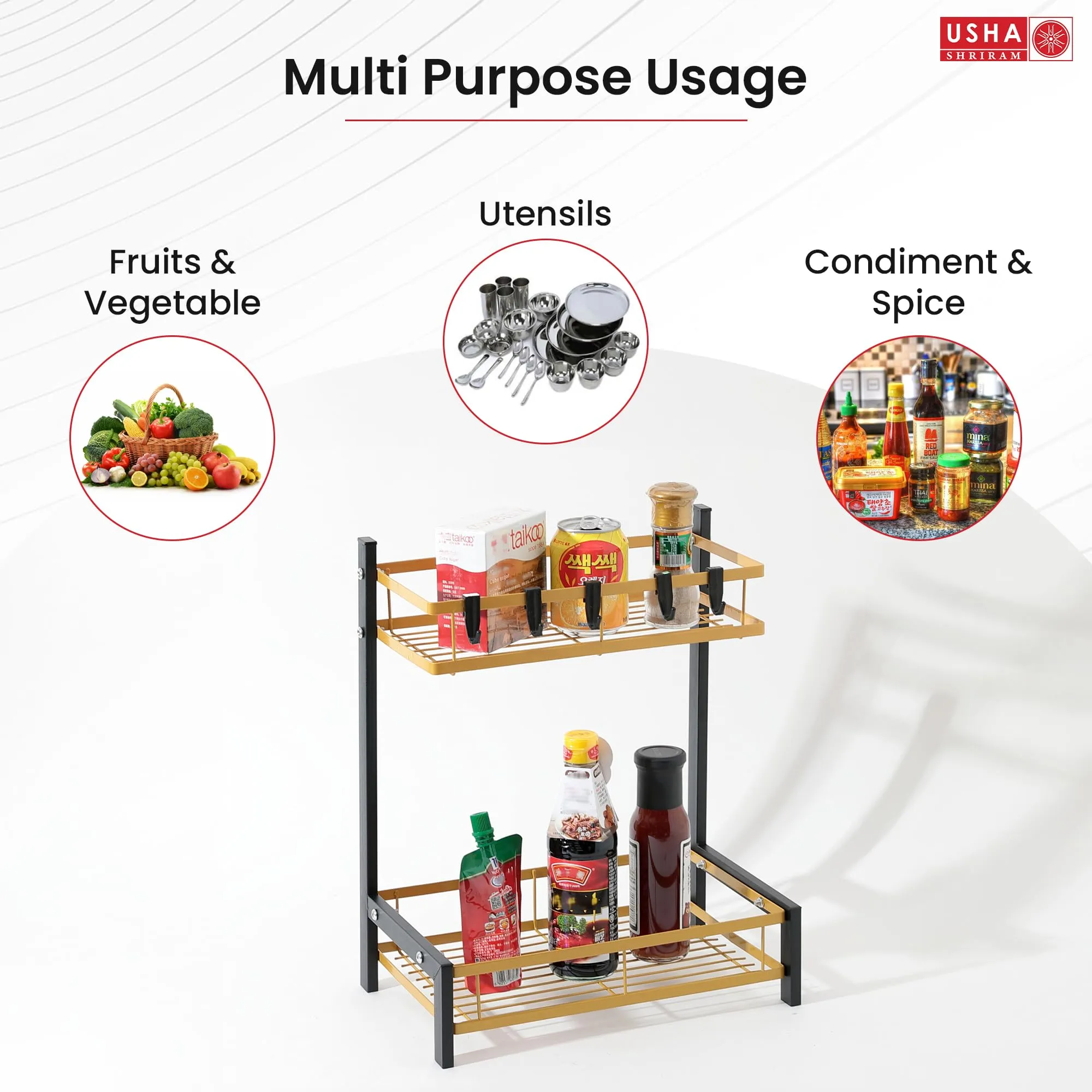 USHA SHRIRAM 2 Layer(5Pcs) Carbon Steel Oil Bottle Holder For Kitchen With Spoon Holder |360 Rotation | Wine Whiskey Bottle Holder | Shelf For Kitchen | Storage Rack For Kitchen Organiser | Black Gold