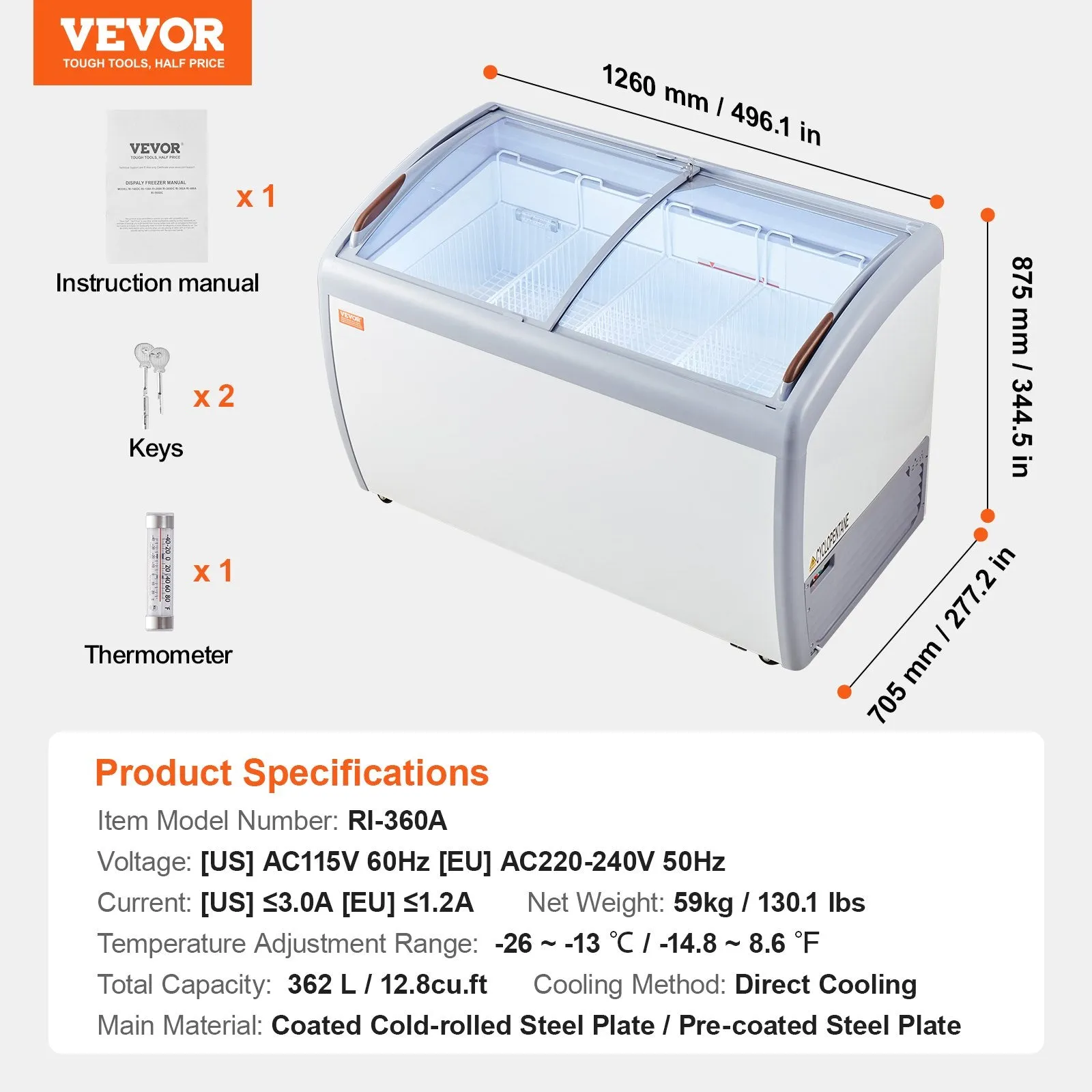 Vevor Ice Cream Display Commercial Freezer 12.8 Cu. Ft. with 4 Wire Baskets and Sliding Glass Doors New